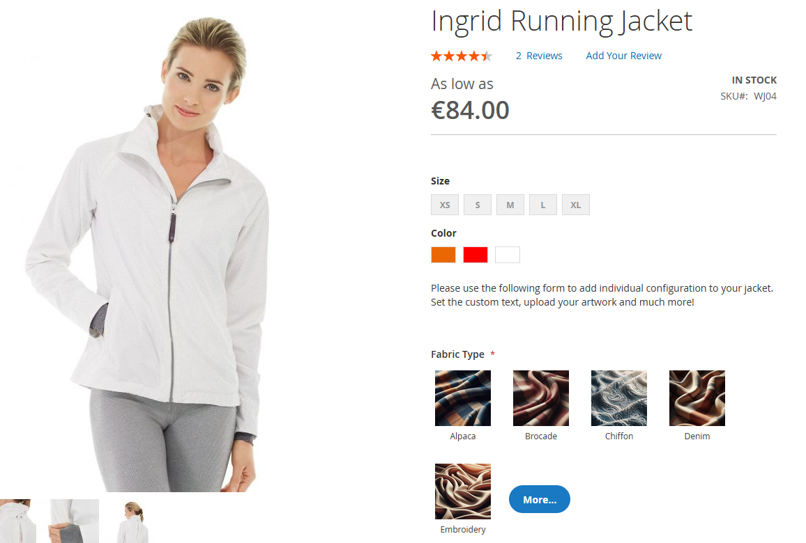 Frontend product page with custom options: image swatches, file upload, conditional dropdown