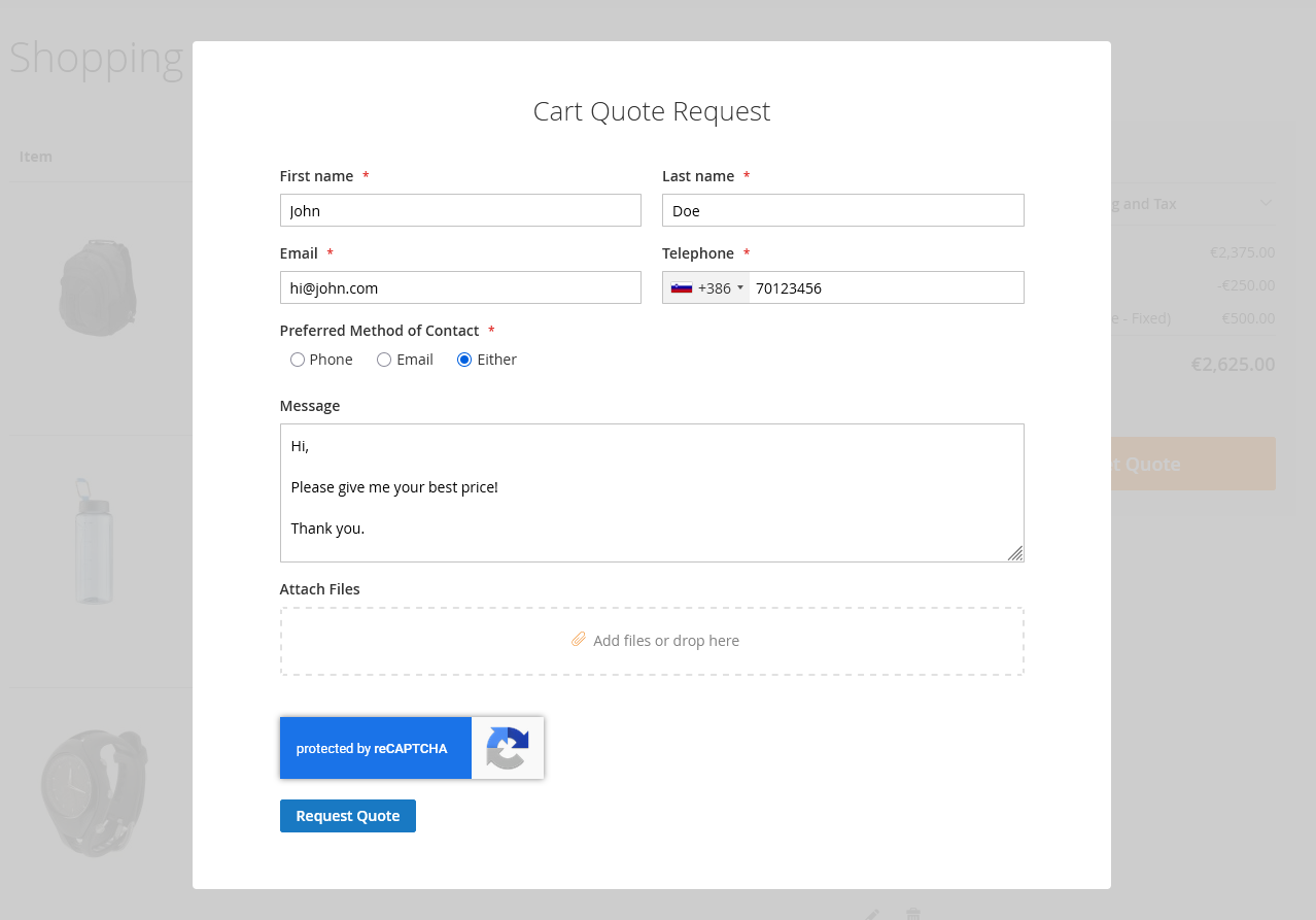 Quote request popup form over Magento 2 shopping cart