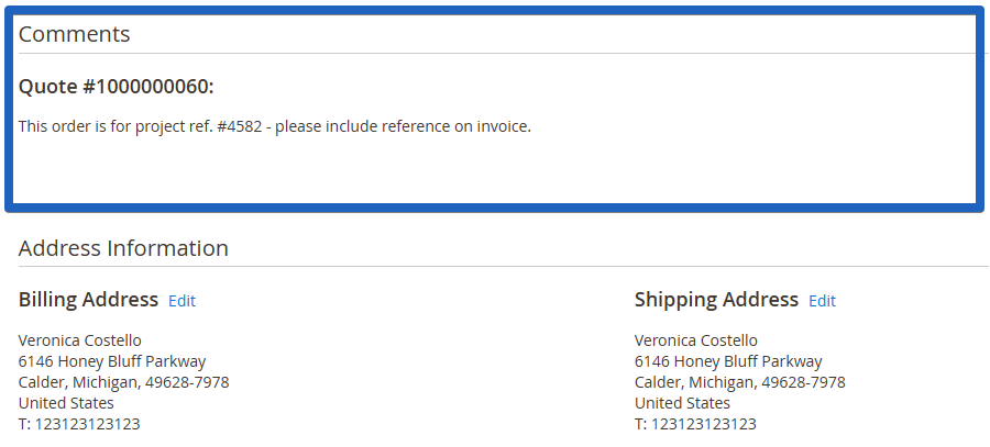 Quote comments appearing in order details