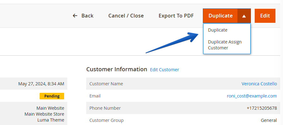 Quote duplication interface showing same customer and new customer options