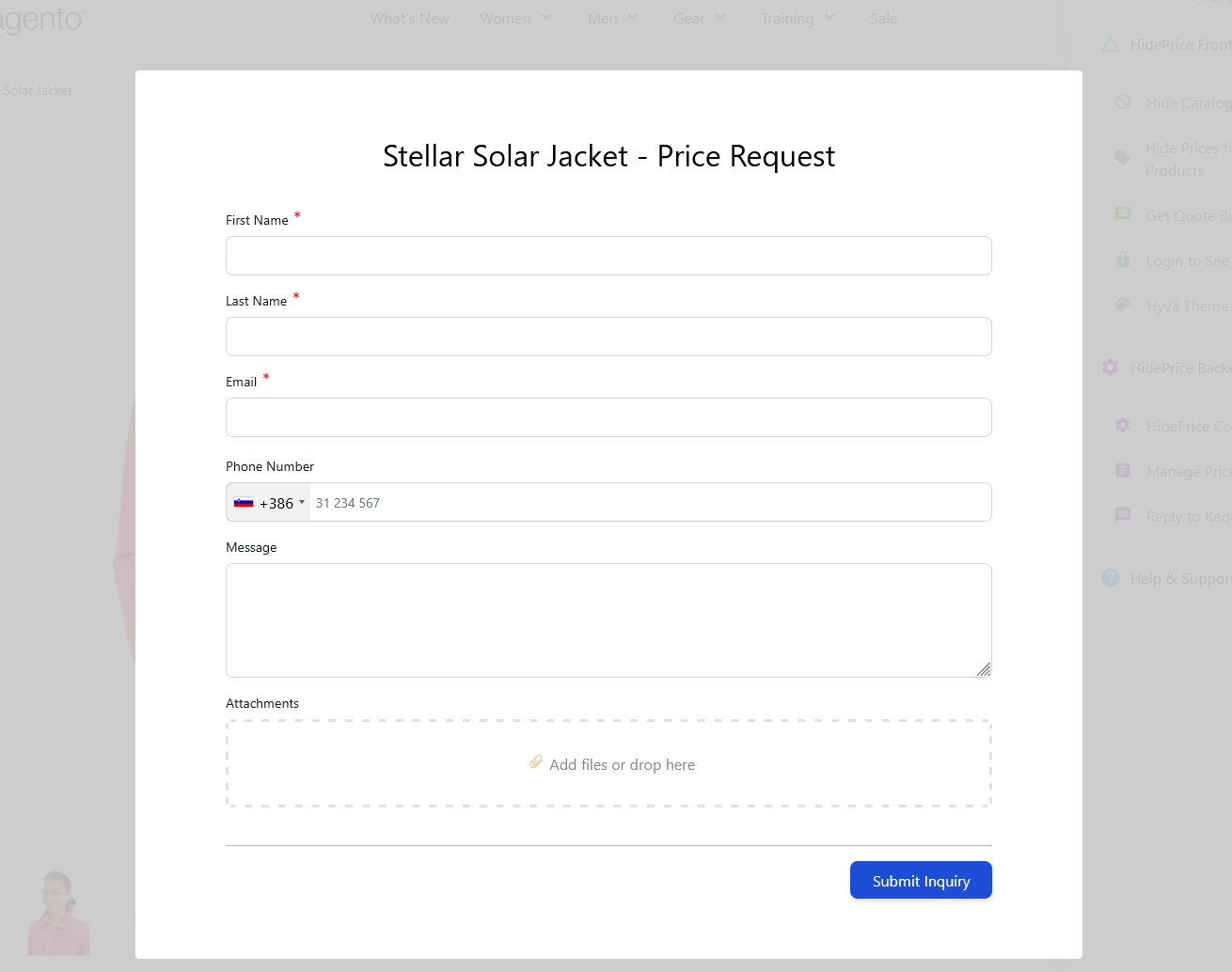 Inquiry form modal opened from the Request Price button with name, email, message fields