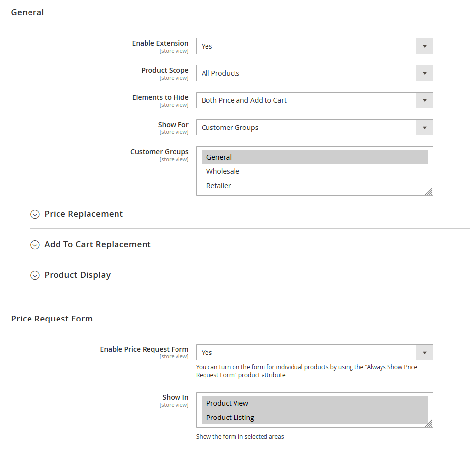 HidePrice Pro system configuration in Magento 2 admin with elements to hide and customer group settings