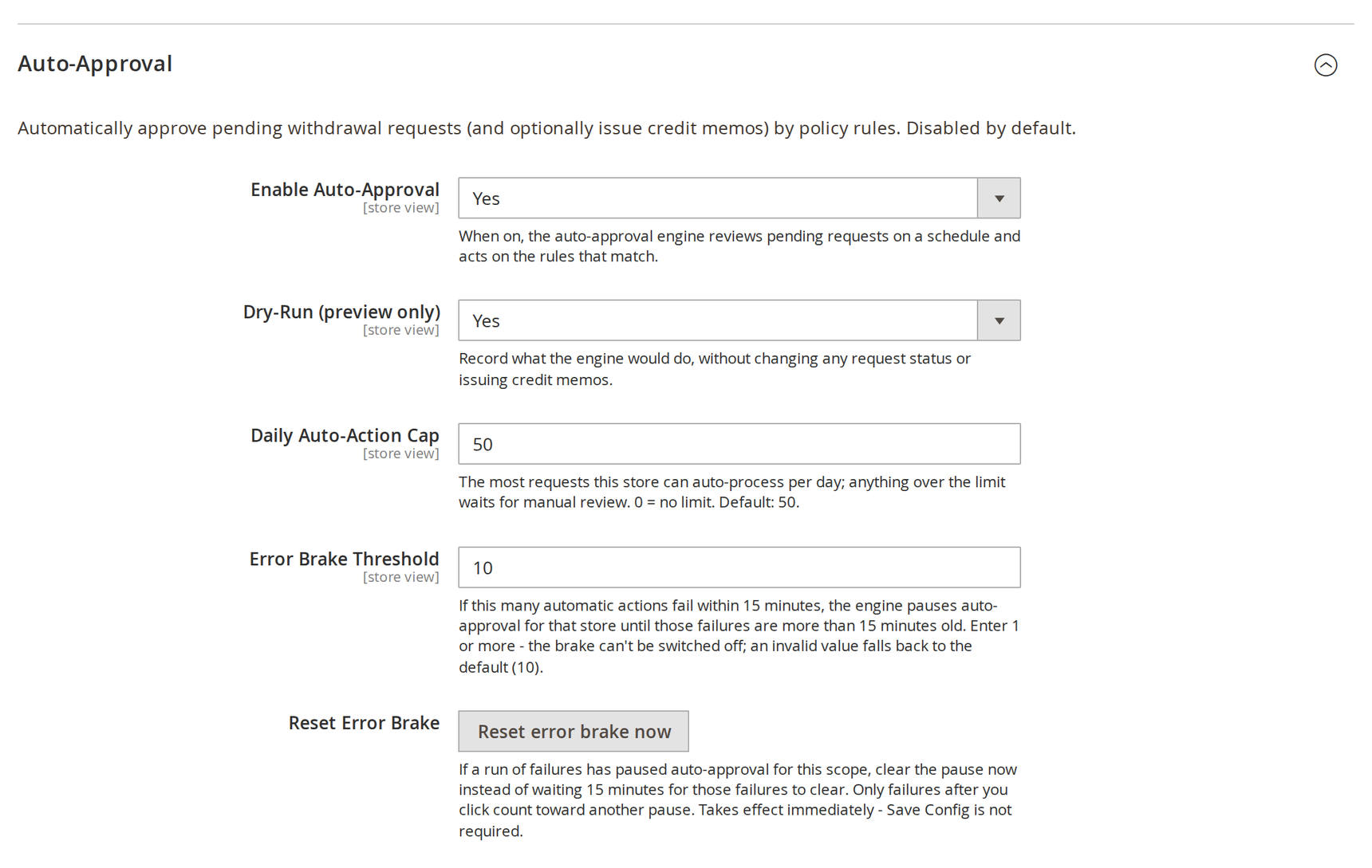 Auto-Approval configuration in Magento with the enable switch, dry-run toggle, daily auto-action cap of 50, error brake threshold of 10 and reset button