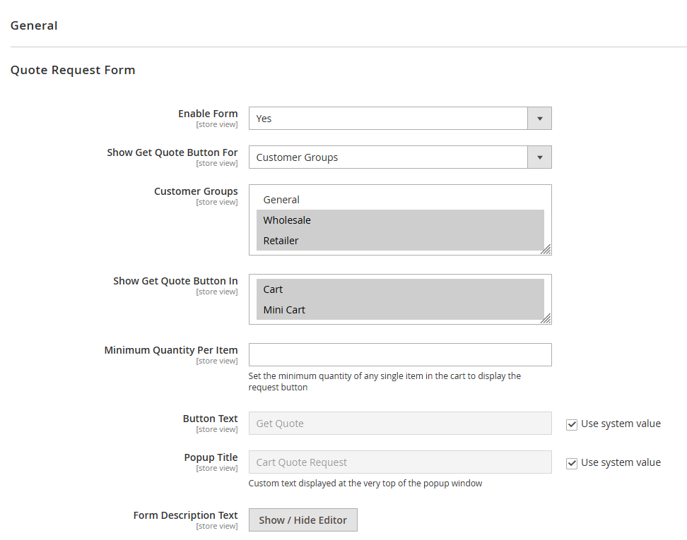 EasyQuote general configuration with customer group visibility rules in Magento 2 admin