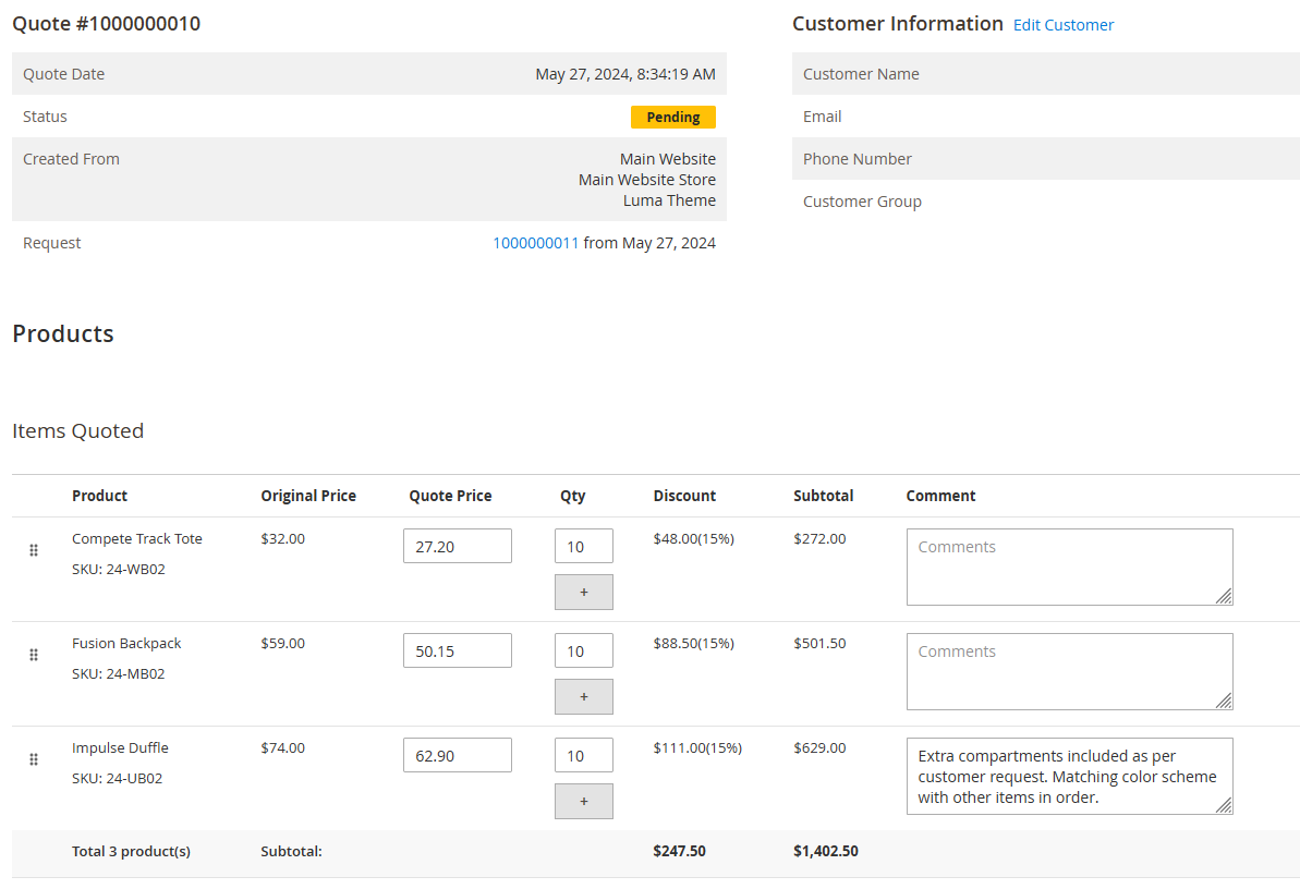 EasyQuote quote edit page in admin with line items, negotiated prices, and action buttons