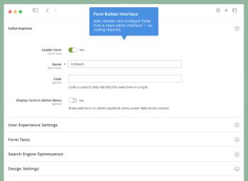 Magento 2 contact form admin interface — WebForms Lite field configuration