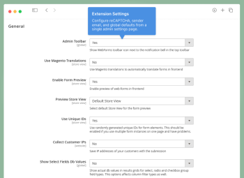 WebForms Lite extension settings in Magento 2 admin — reCAPTCHA and email configuration