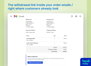 One-click withdrawal link in the order email - EU Withdrawal Pro
