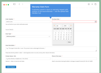Warranty claim form with file attachment in Magento 2 — WebForms Lite contact form extension