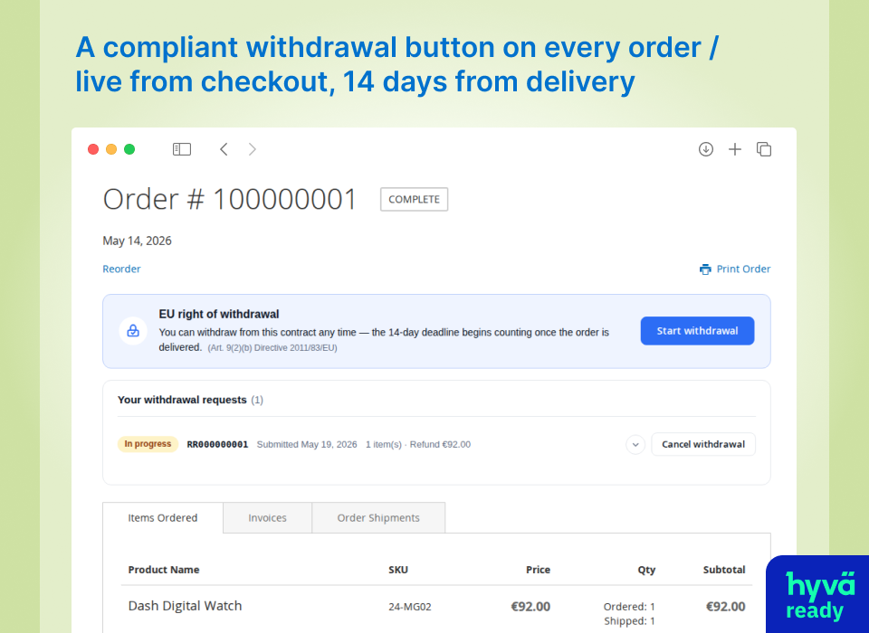 Withdrawal button on the order page — shown automatically once the order is delivered