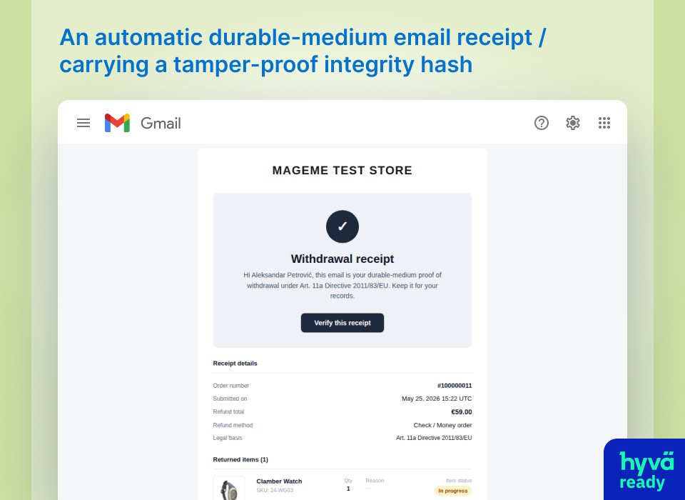 Durable-medium withdrawal receipt email; the SHA-256 integrity-hash card shown is a Pro add-on