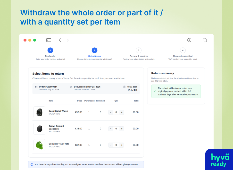 Storefront withdrawal flow — select items to withdraw with per-item quantity