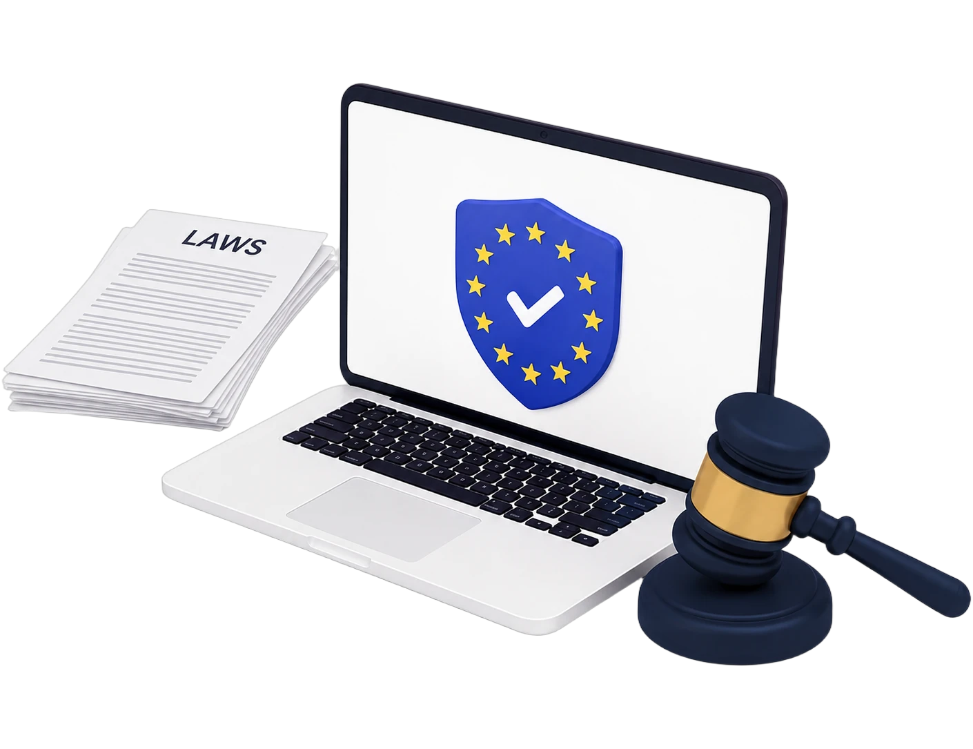 3D illustration of a laptop with an EU compliance shield on the screen, a stack of law documents on the desk and a judge's gavel