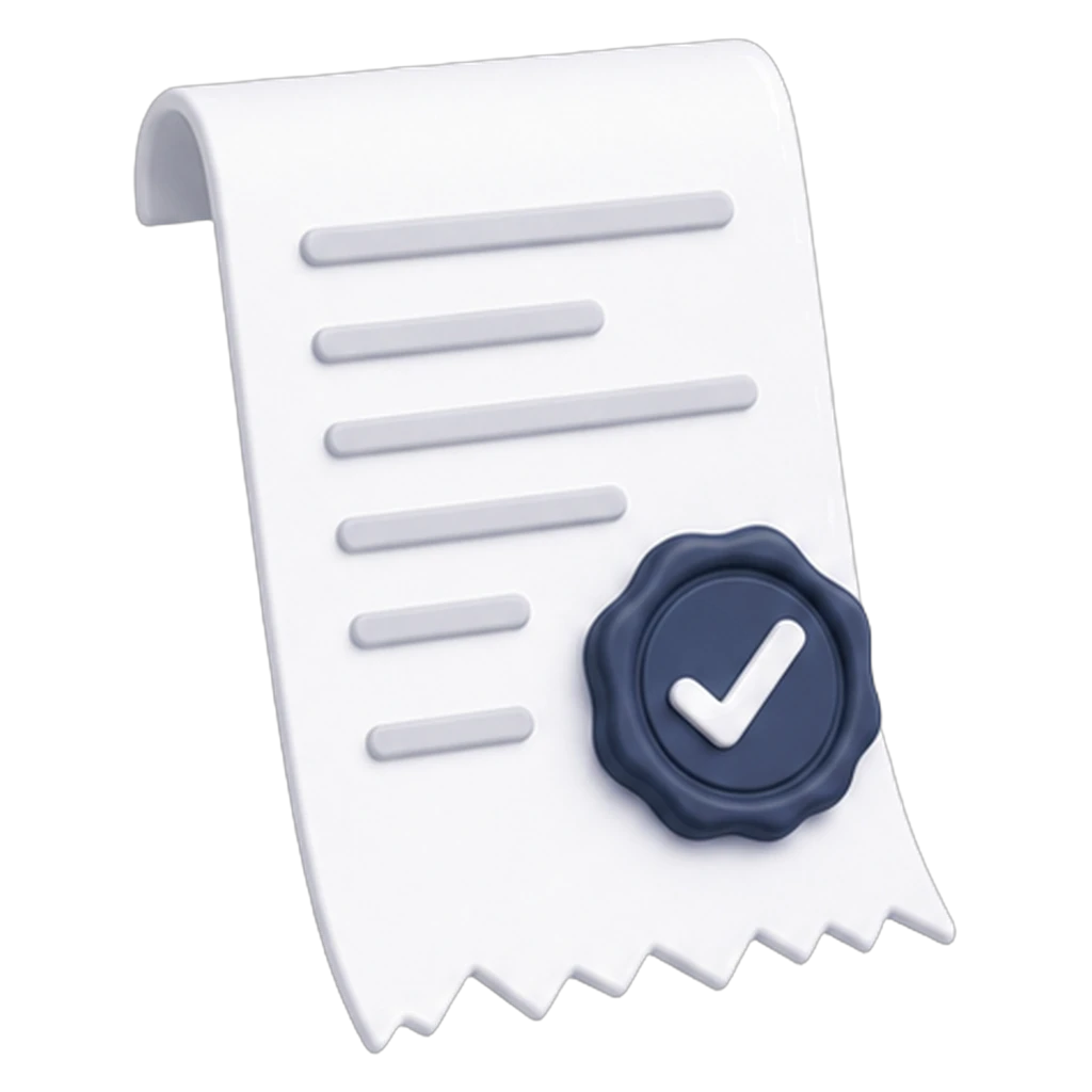 Illustration: a receipt with a verification seal, inspected and confirmed genuine